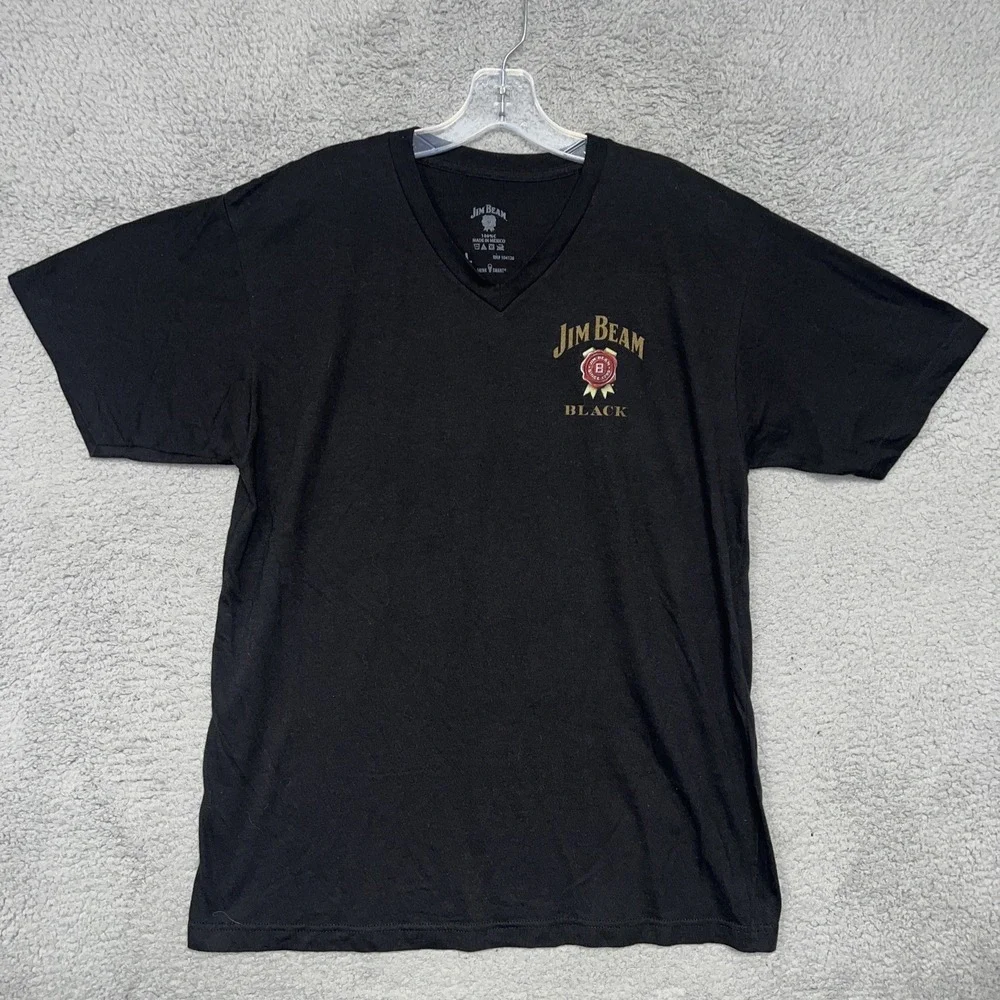 Official Jim Beam T Shirt Men's Size Large Black V Neck Whiskey Logo Casual Tee